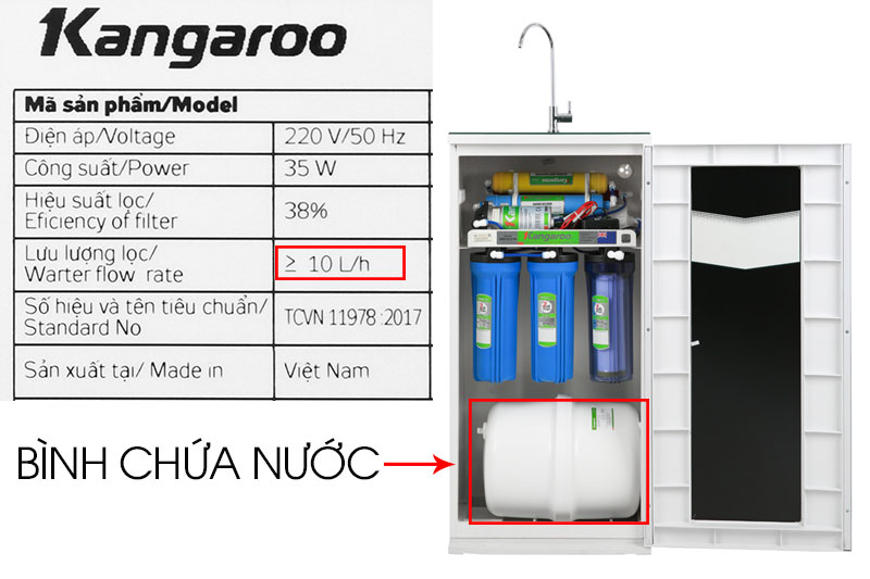 Dung tích bình chứa nước 10 lít, công suất lọc nước tới 10 lít/h - Máy lọc nước RO Kangaroo KG07G4VTU
