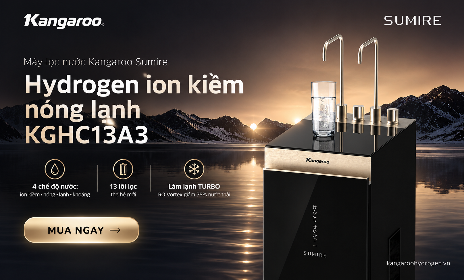 Máy lọc nước Kangaroo Sumire Hydrogen ion kiềm nóng lạnh KGHC13A3